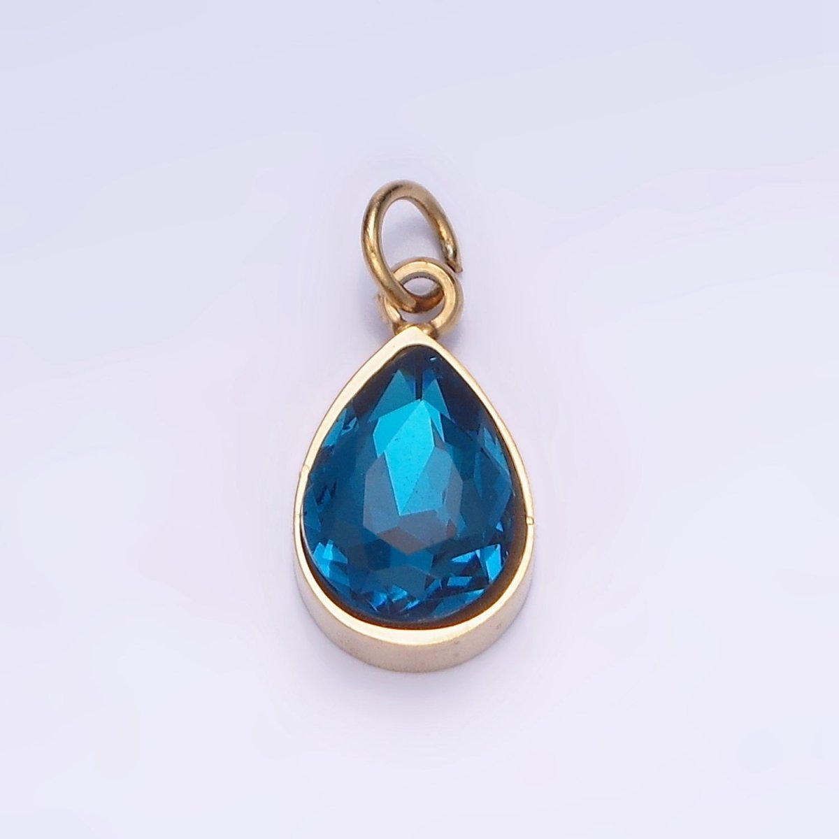 Dainty Gold Stainless Steel Blue Teardrop Crystal Charm | P1406 - DLUXCA