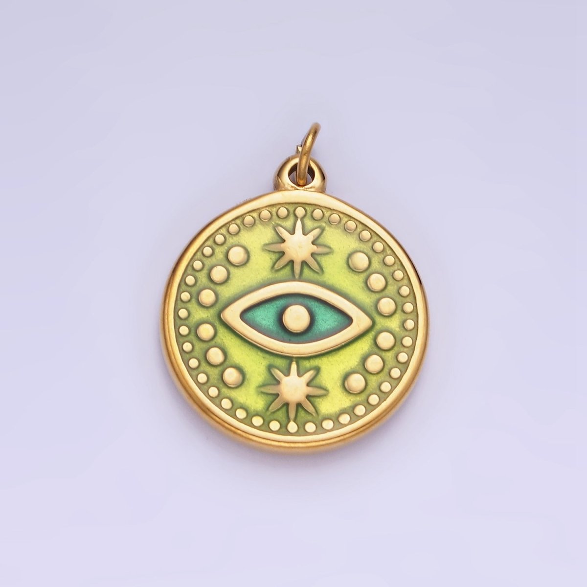 Dainty Gold Stainless Steel Green Evil Eye Round Circle Charm Medallion P1384 - DLUXCA