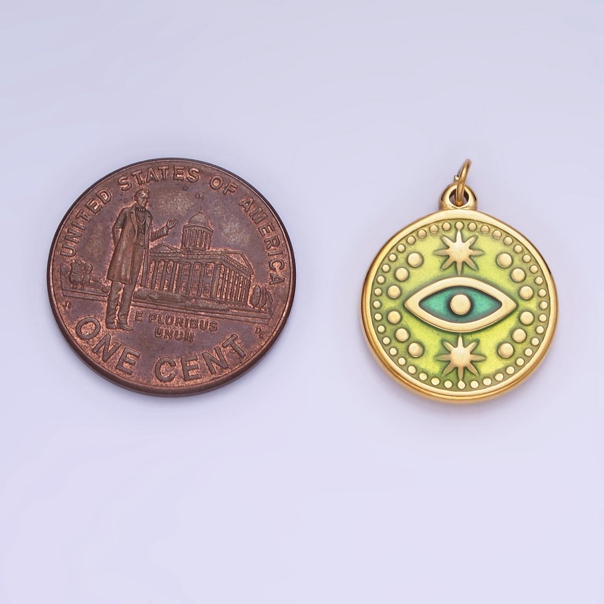 Dainty Gold Stainless Steel Green Evil Eye Round Circle Charm Medallion P1384 - DLUXCA