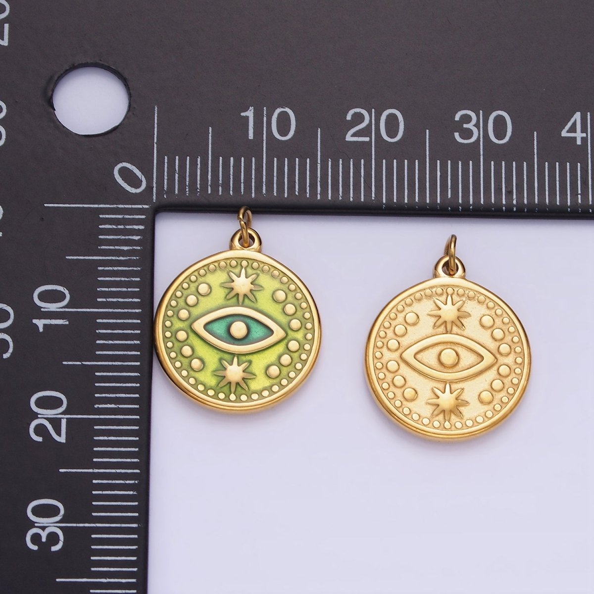 Dainty Gold Stainless Steel Green Evil Eye Round Circle Charm Medallion P1384 - DLUXCA