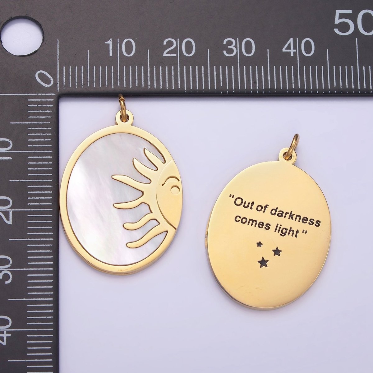 Dainty Gold Stainless Steel Oval Pearl Sun Charm Double Sided Pendant| P1399 - DLUXCA