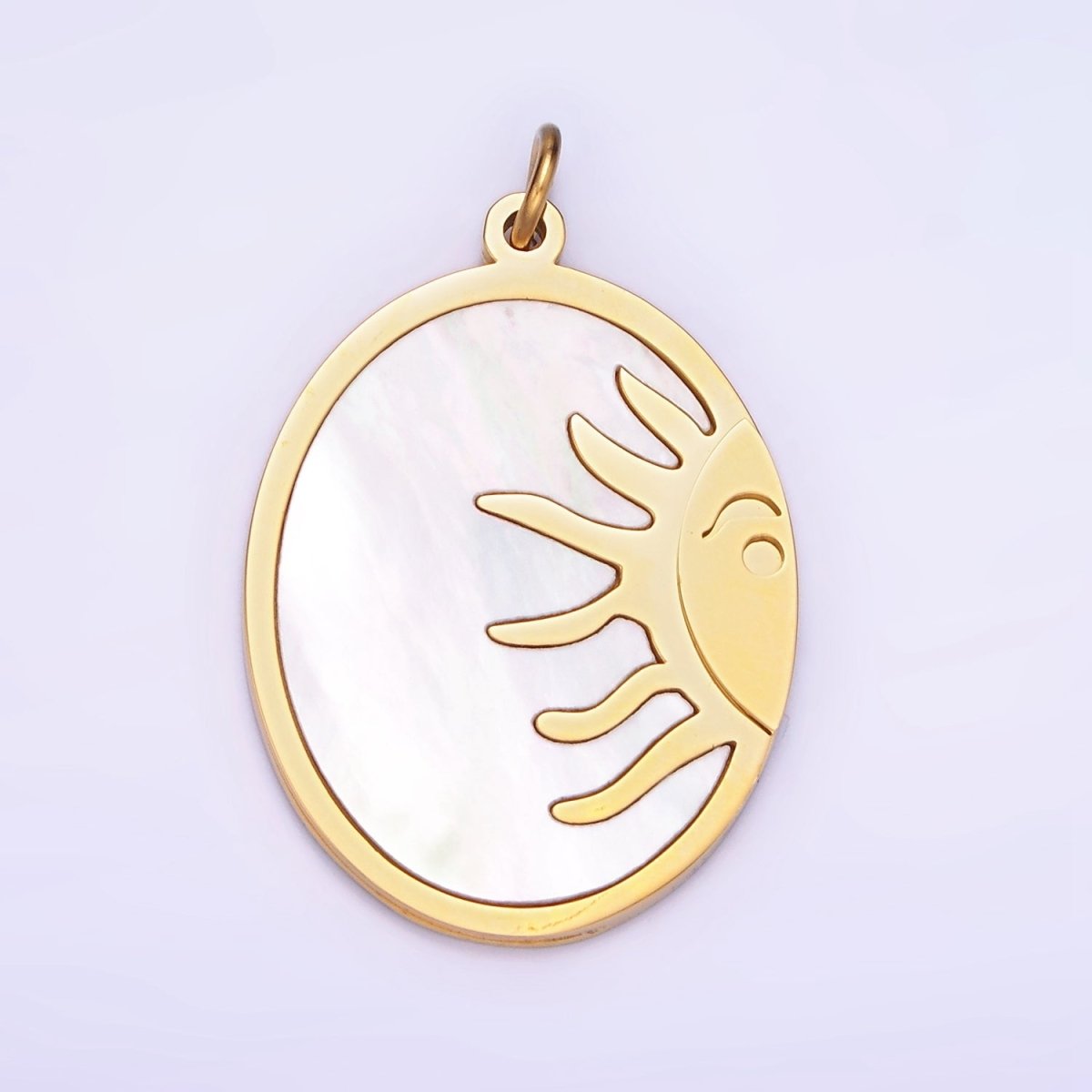 Dainty Gold Stainless Steel Oval Pearl Sun Charm Double Sided Pendant| P1399 - DLUXCA