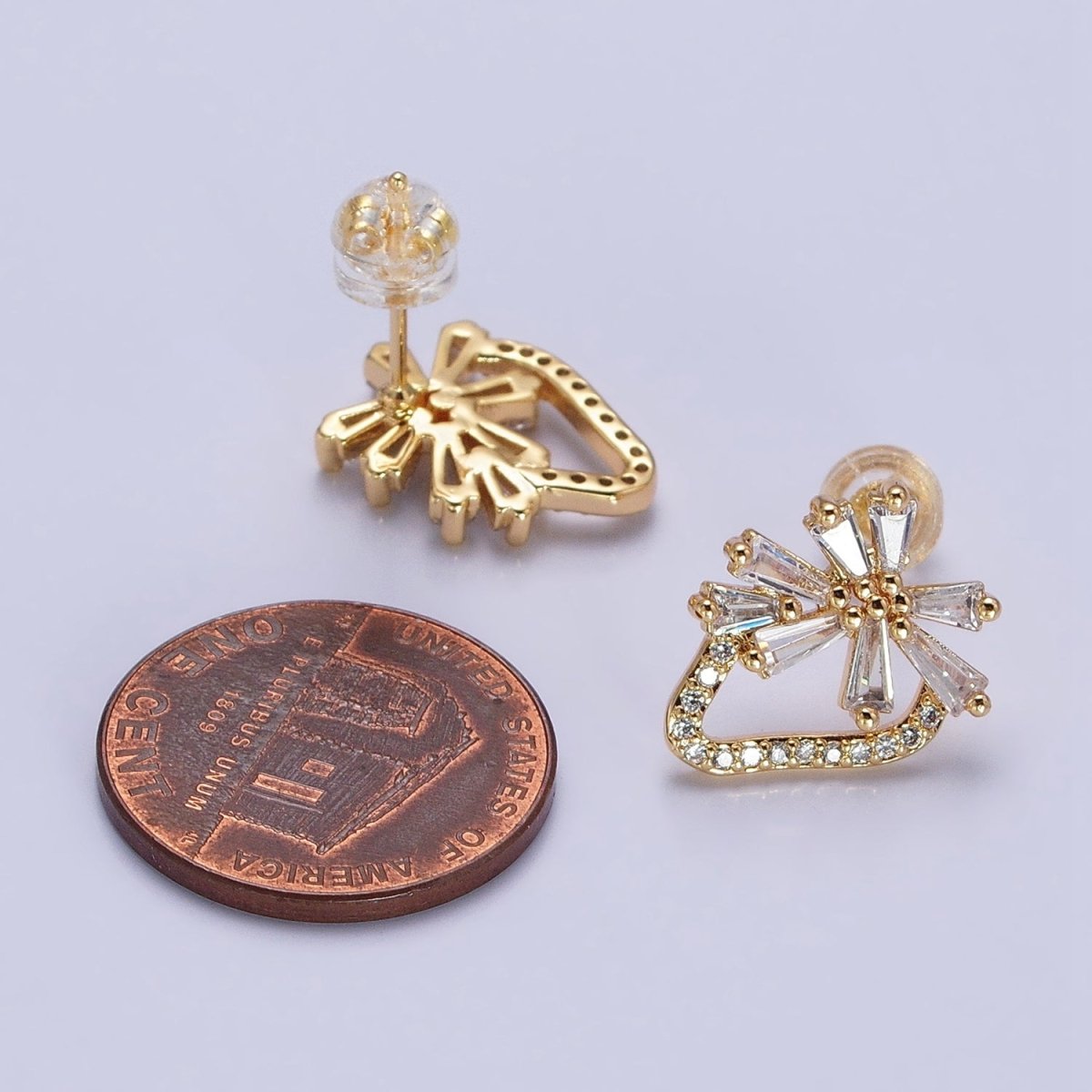Dainty Gold Strawberry Stud Earring with Baguette Cz Micro Pave Stone AB938 - DLUXCA