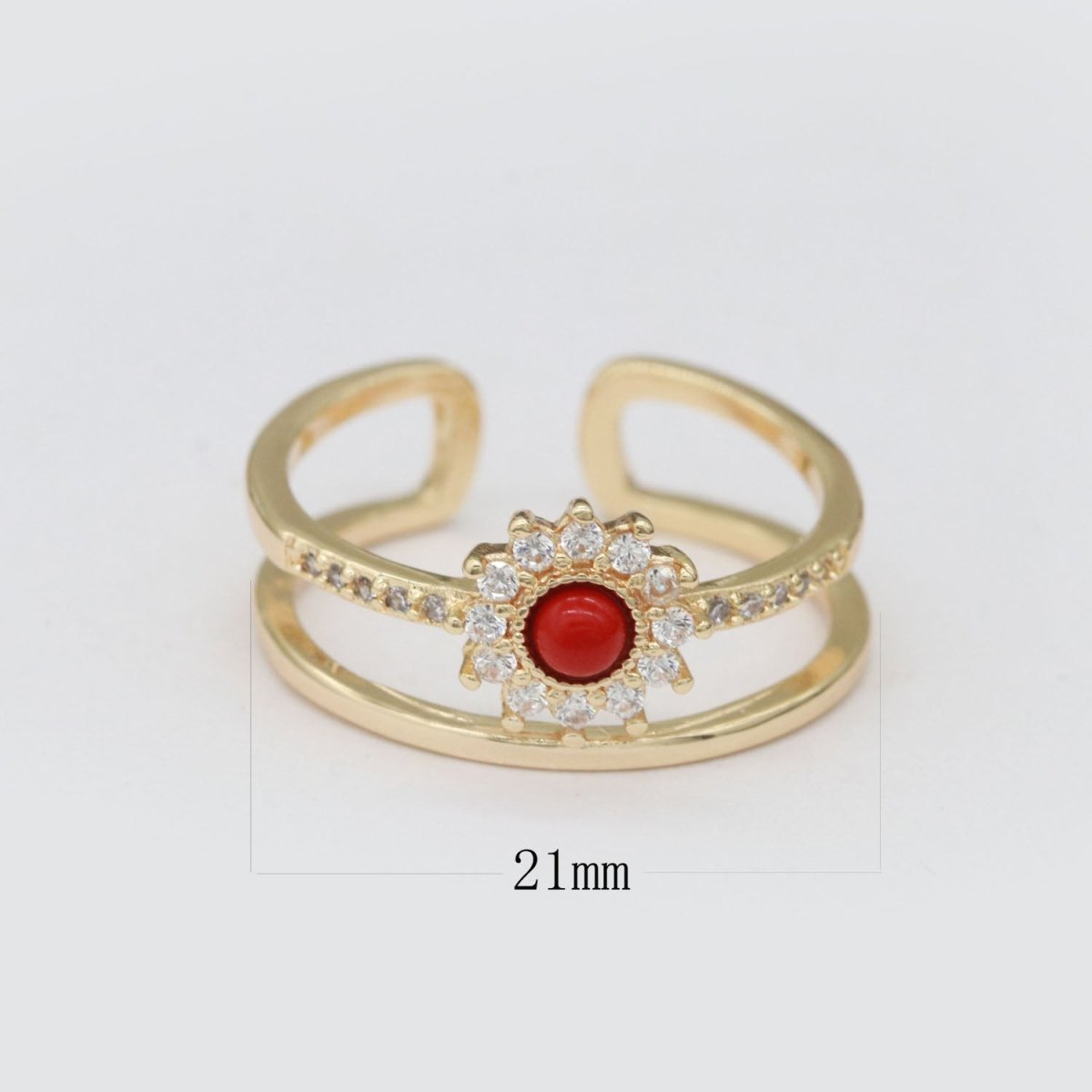 Dainty Gold Sun Double Band Ring, Open Adjustable Ring Red Cz Stone O-873 - DLUXCA