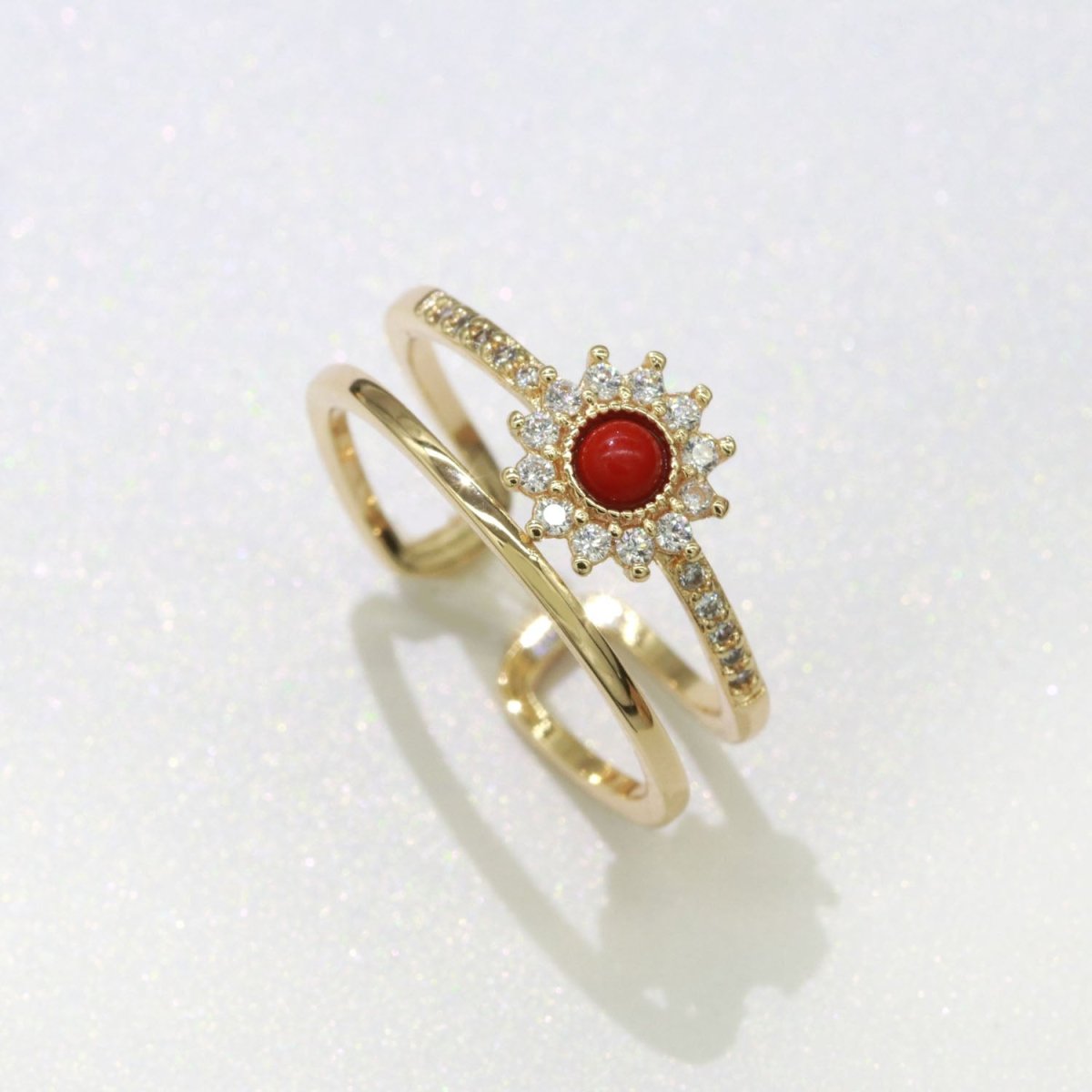 Dainty Gold Sun Double Band Ring, Open Adjustable Ring Red Cz Stone O-873 - DLUXCA
