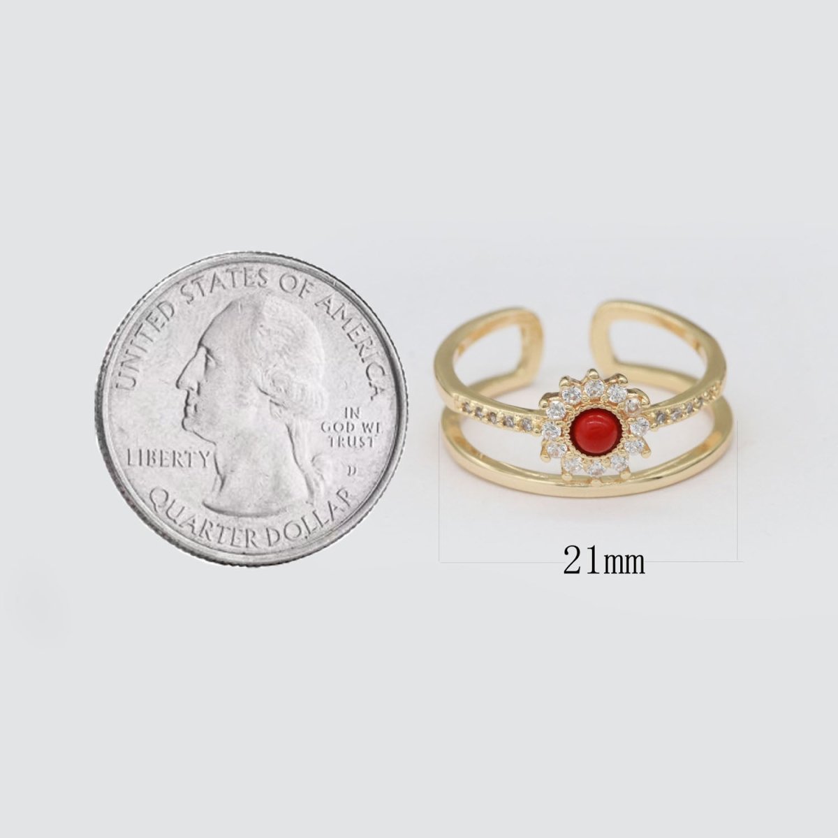 Dainty Gold Sun Double Band Ring, Open Adjustable Ring Red Cz Stone O-873 - DLUXCA