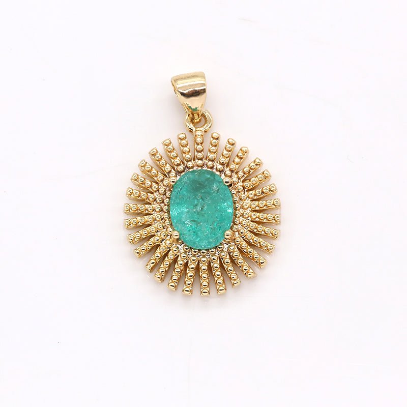 Dainty Gold Sun Rays Flower Green Natural Stone Charm Gold Plated Morning Sunburst Nature Charm Pendant GP-386 - DLUXCA