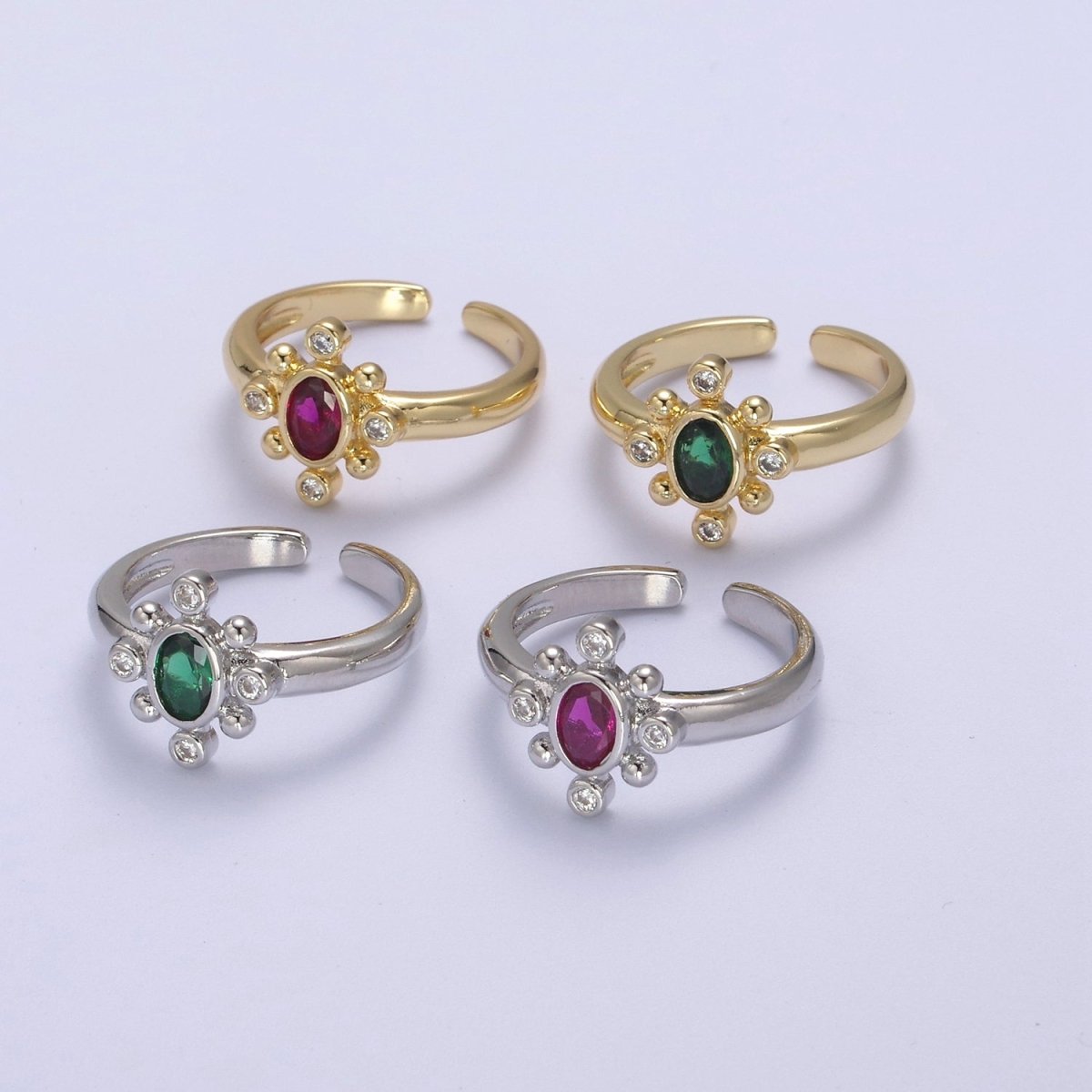 Dainty Gold Sun Ring Fuchsia Green Cz Stone Adjustable Open Ring U-229 ~ U-232 - DLUXCA