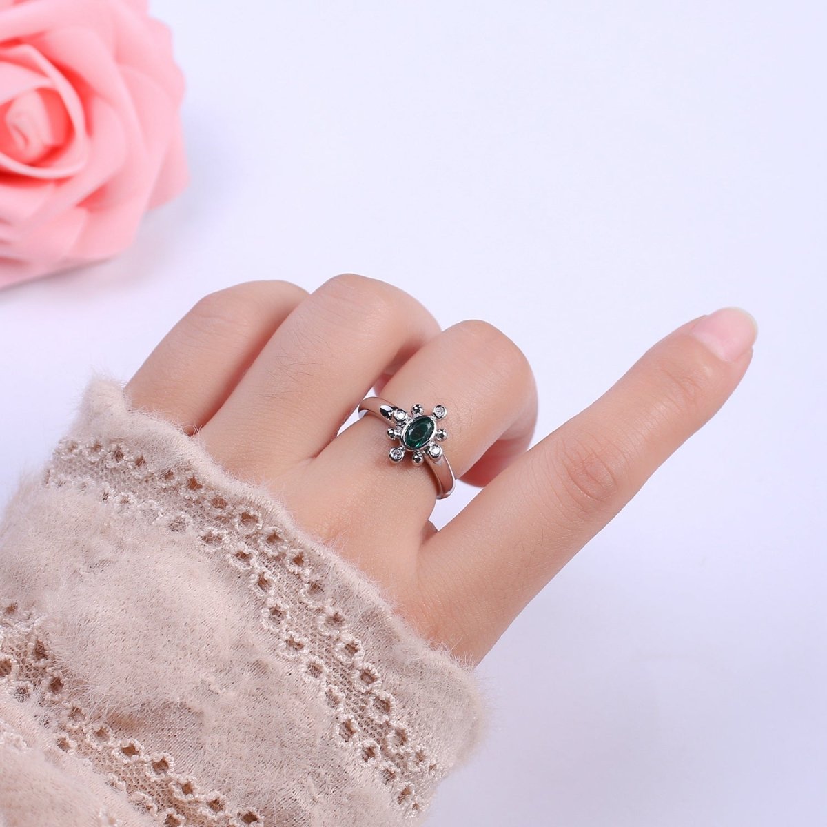 Dainty Gold Sun Ring Fuchsia Green Cz Stone Adjustable Open Ring U-229 ~ U-232 - DLUXCA