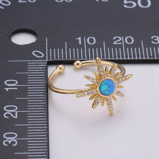 Dainty gold Sun ring , Moon Sun Ring, Blue Opal Ring Gold, Starburst Ring, Tiny Sun Ring, Sunburst Ring, stackable R-201 - DLUXCA