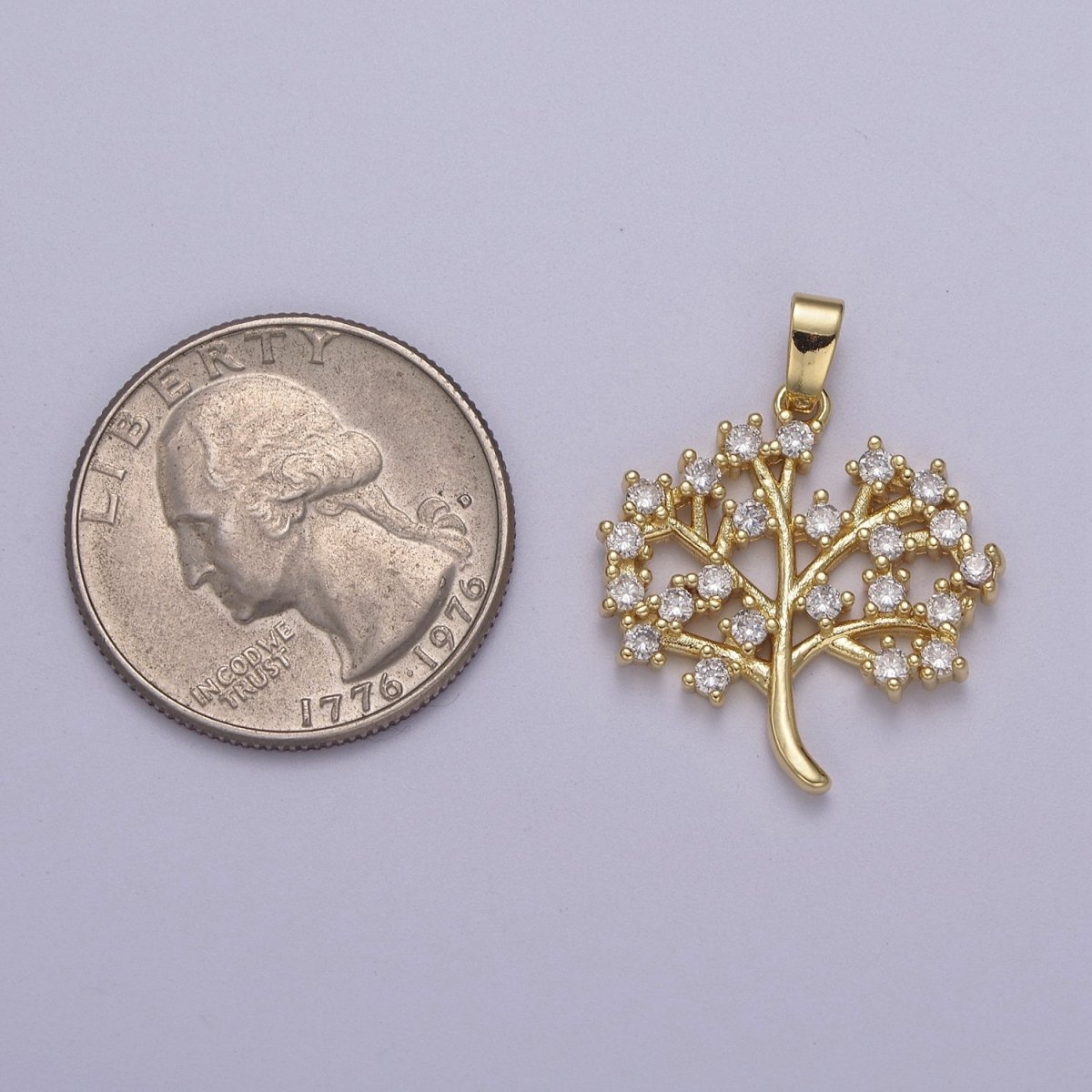 Dainty Gold Tree Pendant with Clear Micro Pave Cz Stone J-504 - DLUXCA