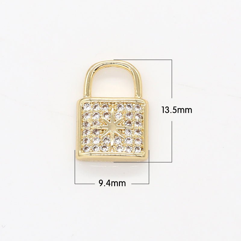 Dainty Golden North Star on Crystal Padlock Charm CZ Sky Nature Object Toolkit Micro Pave Charm Pendant GP-783 - DLUXCA