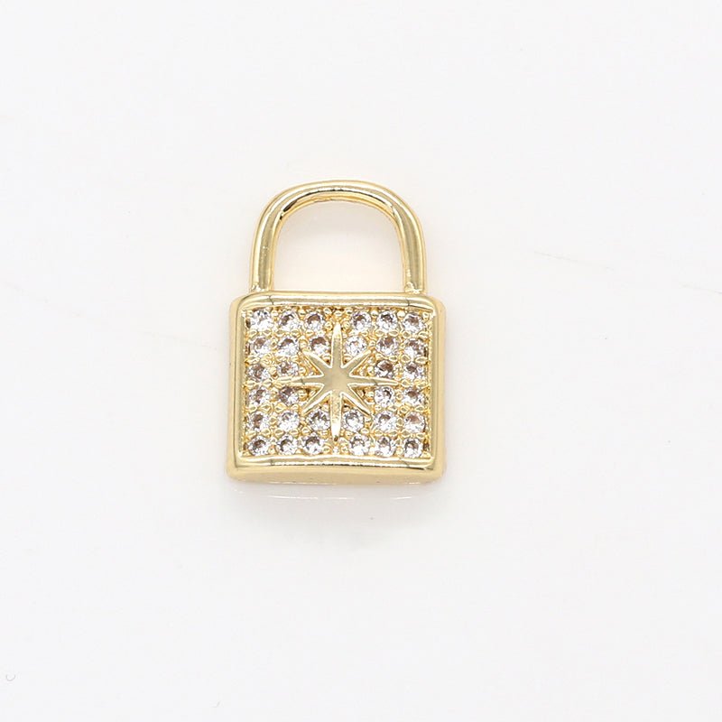 Dainty Golden North Star on Crystal Padlock Charm CZ Sky Nature Object Toolkit Micro Pave Charm Pendant GP-783 - DLUXCA