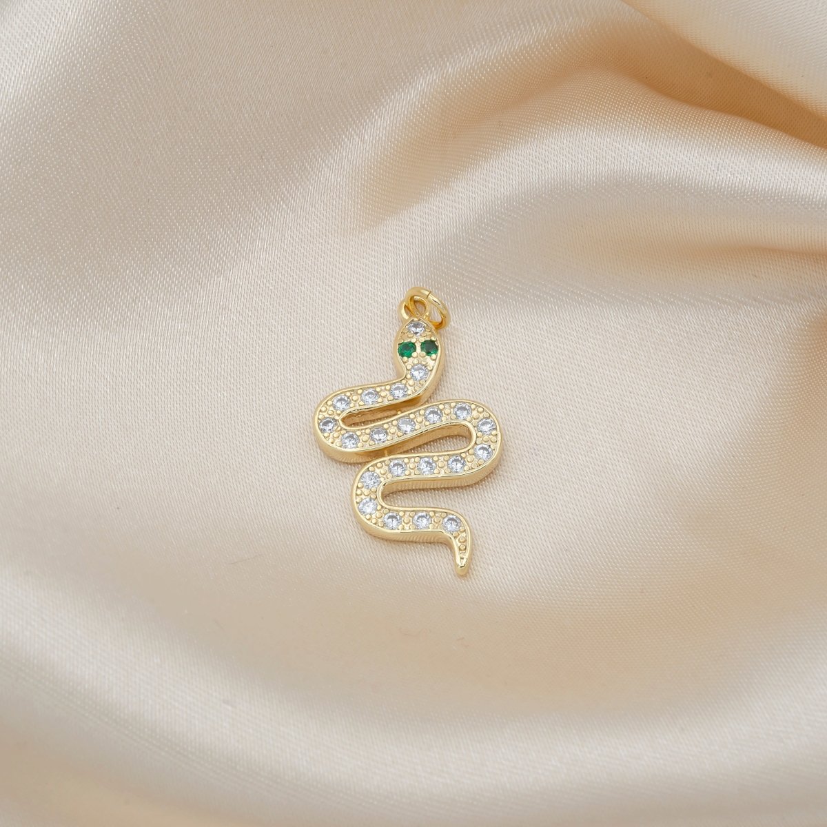 Dainty Green Crystal Eye Snake Charm CZ Crystal Animal Nature Chinese Zodiac Micro Pave Charm Pendant GP-488 - DLUXCA