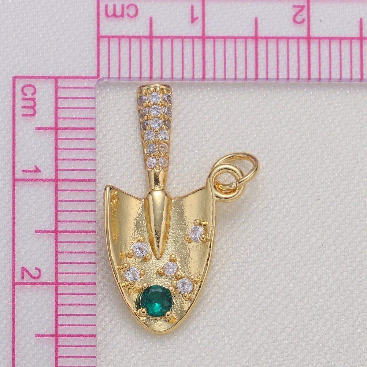 Dainty Green Crystal Golden Shovel Charm CZ Gold Plated Mini Toolkit Charm Pendant GP-606 - DLUXCA