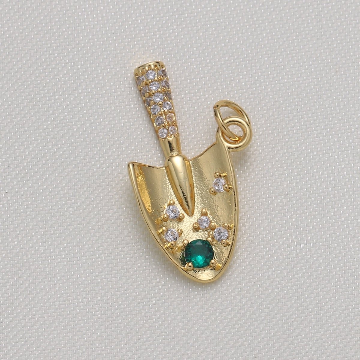 Dainty Green Crystal Golden Shovel Charm CZ Gold Plated Mini Toolkit Charm Pendant GP-606 - DLUXCA