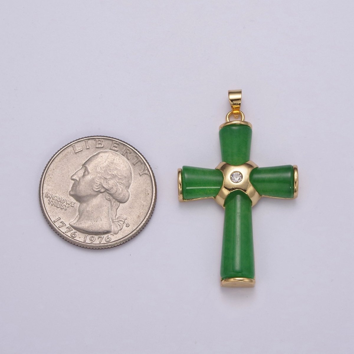 Dainty Green Jade Cross Pendant for Necklace 24K Gold Filled Cross O-269 - DLUXCA