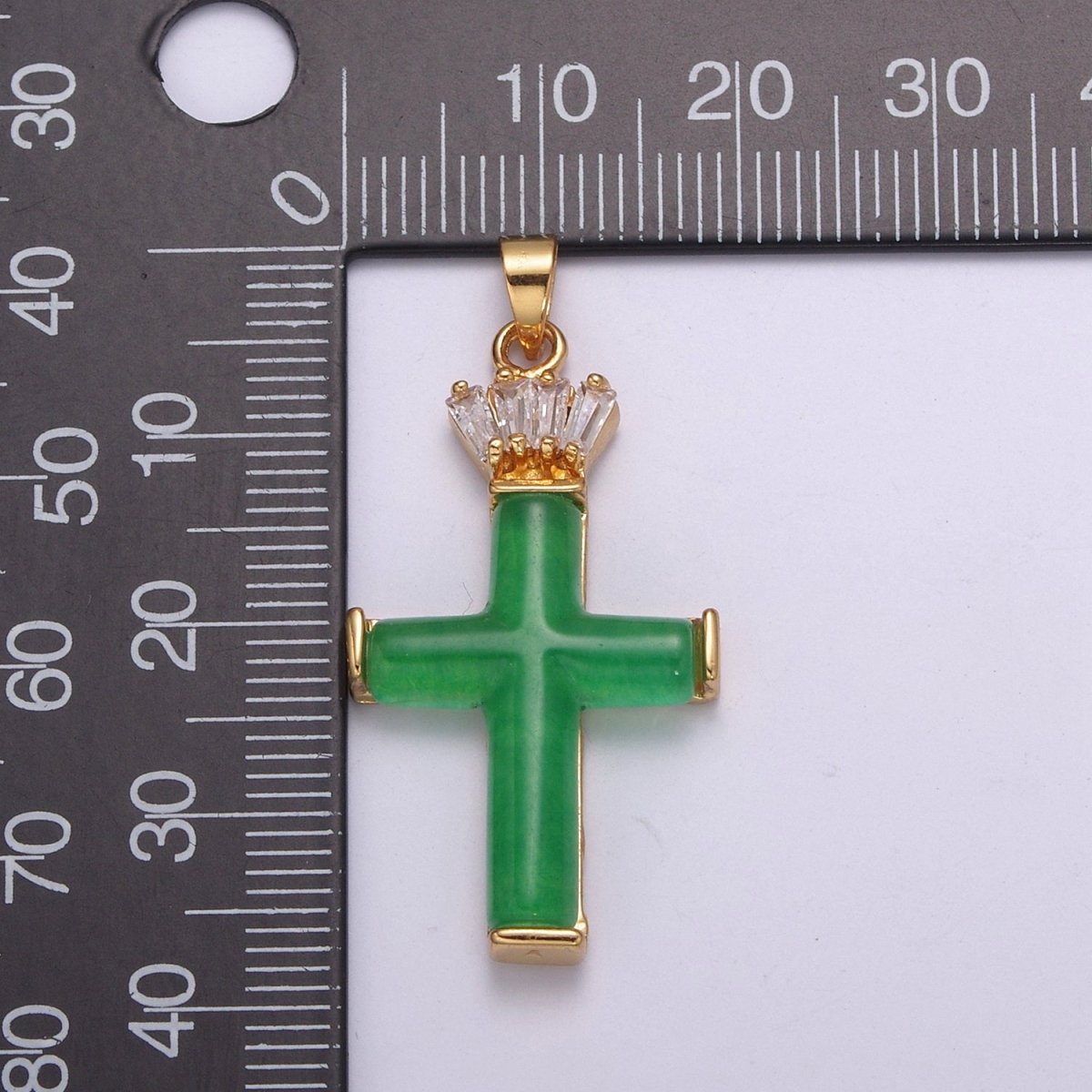 Dainty Green Jade Cross Pendant With CZ Crown for Necklace Earring Component Supply O-270 - DLUXCA