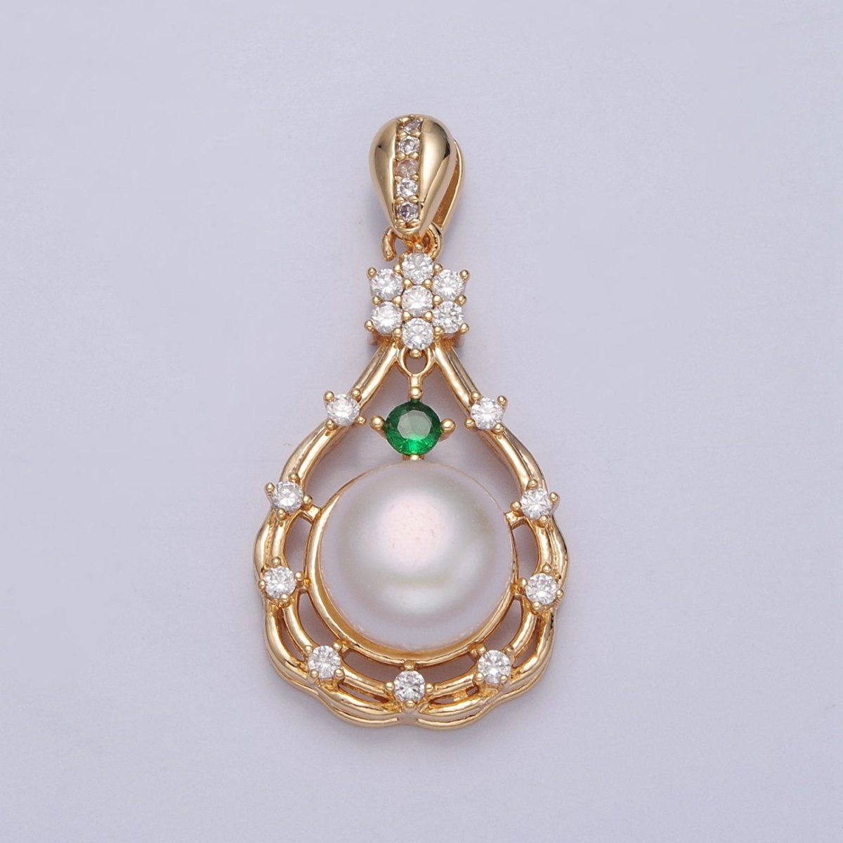 Dainty Green Pave Charm Genuine Shell Pearl Pendant Minimalist Bridal Wedding Jewelry I-016 - DLUXCA