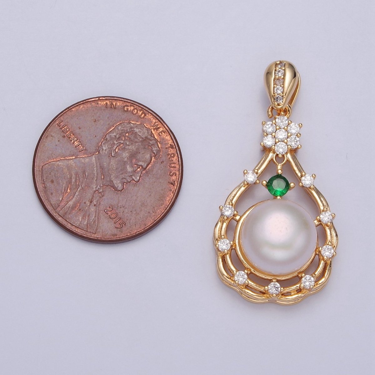 Dainty Green Pave Charm Genuine Shell Pearl Pendant Minimalist Bridal Wedding Jewelry I-016 - DLUXCA