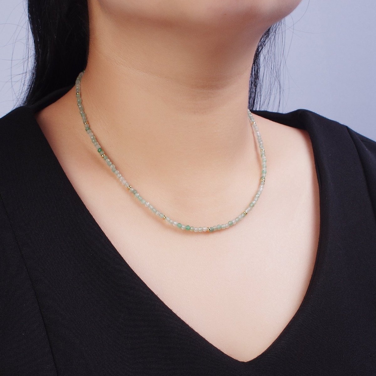 Dainty Green Prehnite Beaded Necklace Ready to Wear 17.5 inch + 1.5 Inch extender | WA-1196 Clearance Pricing - DLUXCA
