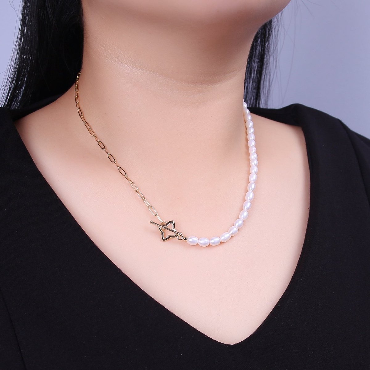 Dainty Half Baroque Pearl Half Paper Clip Chain Necklace 18k Gold Filled Toggle Necklace | WA-878 Clearance Pricing - DLUXCA