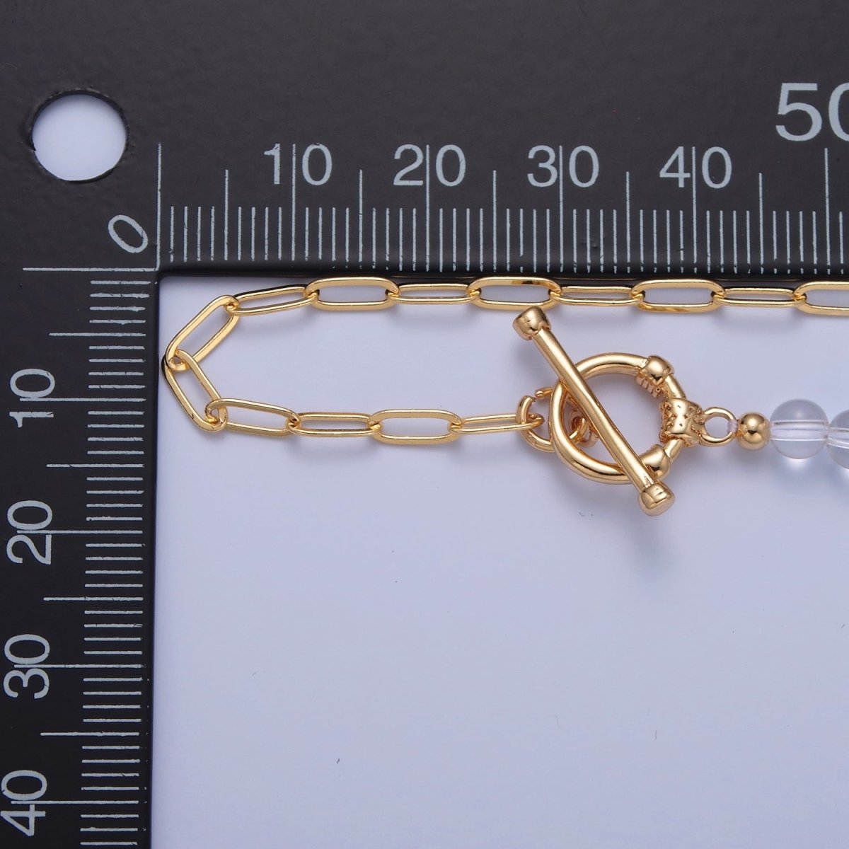 Dainty Half Bead Half Link Chain Necklace, 24k Gold Filled Paperclip Chain with Clear Quartz Necklace Toggle Clasp | WA-965 Clearance Pricing - DLUXCA