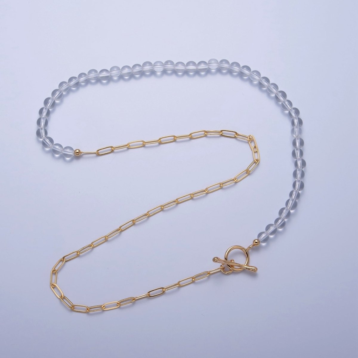 Dainty Half Bead Half Link Chain Necklace, 24k Gold Filled Paperclip Chain with Clear Quartz Necklace Toggle Clasp | WA-966 Clearance Pricing - DLUXCA