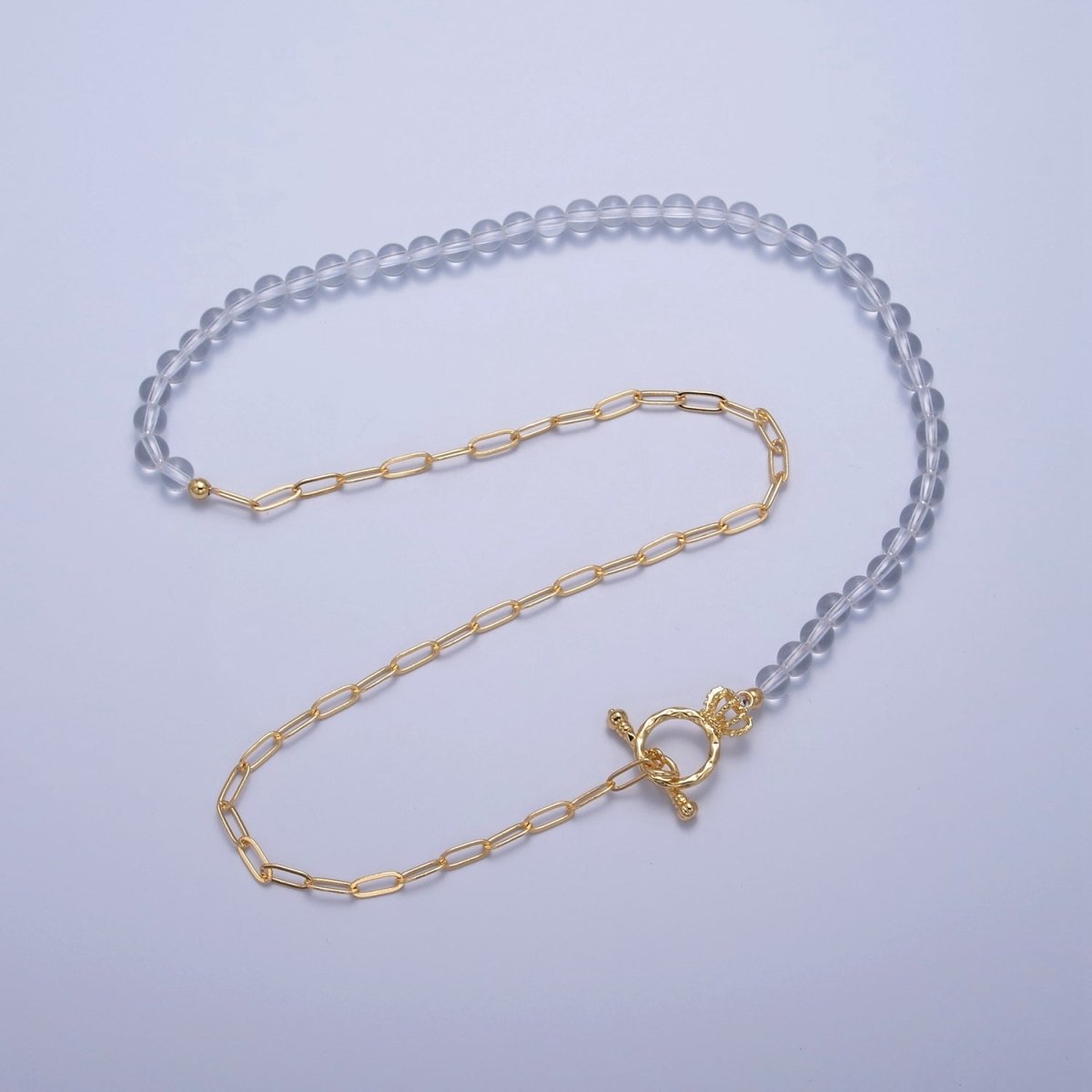 Dainty Half Bead Half Link Chain Necklace, 24k Gold Filled Paperclip Chain with Clear Quartz Necklace Toggle Clasp | WA-967 Clearance Pricing - DLUXCA