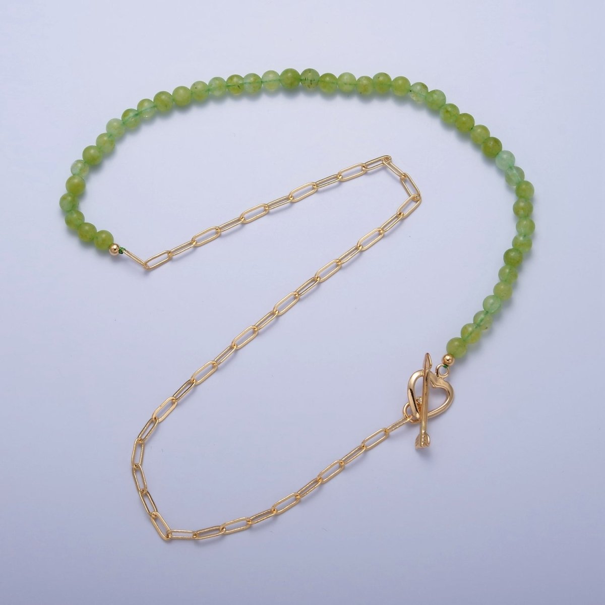 Dainty Half Bead Half Link Chain Necklace, 24k Gold Filled Paperclip Chain with Green Jade Necklace Heart Toggle Clasp | WA-959 Clearance Pricing - DLUXCA
