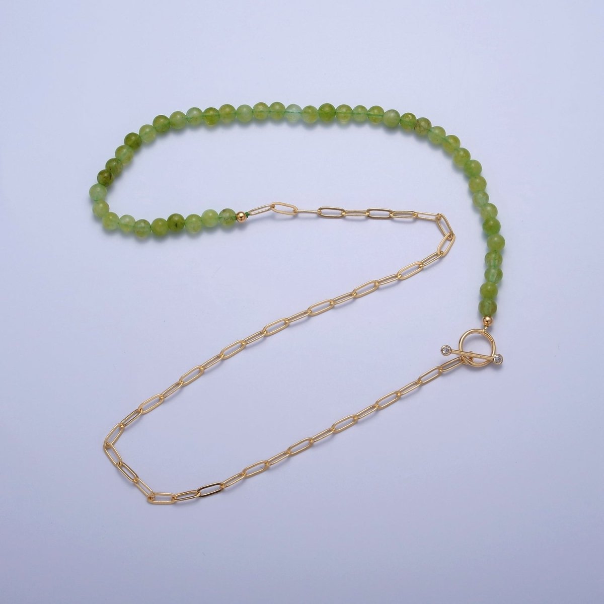 Dainty Half Bead Half Link Chain Necklace, 24k Gold Filled Paperclip Chain with Green Jade Necklace Toggle Clasp | WA-960 Clearance Pricing - DLUXCA