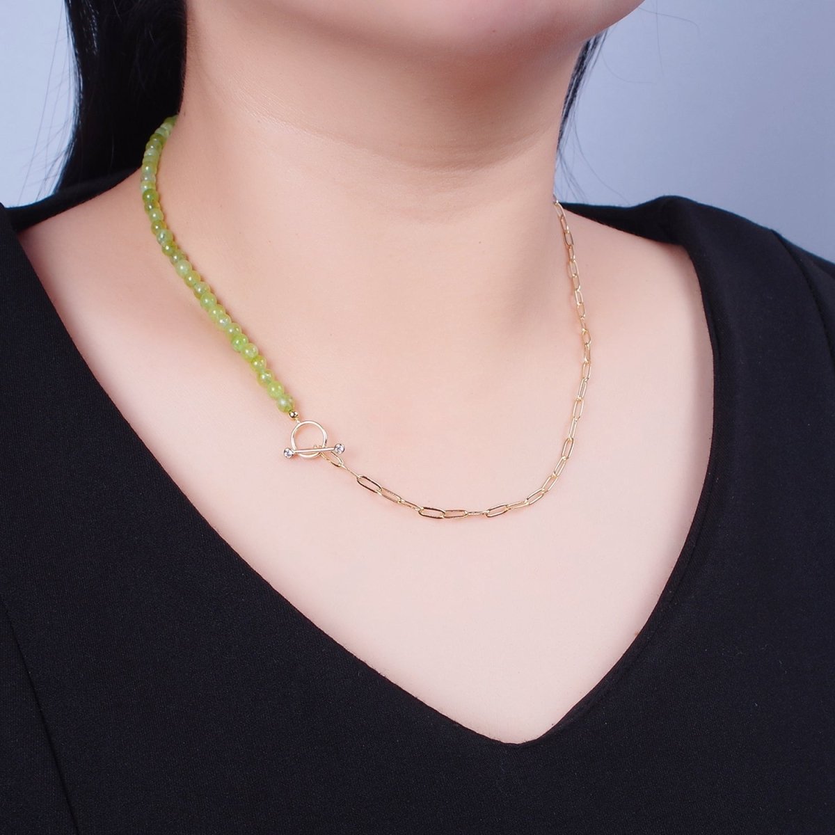 Dainty Half Bead Half Link Chain Necklace, 24k Gold Filled Paperclip Chain with Green Jade Necklace Toggle Clasp | WA-960 Clearance Pricing - DLUXCA