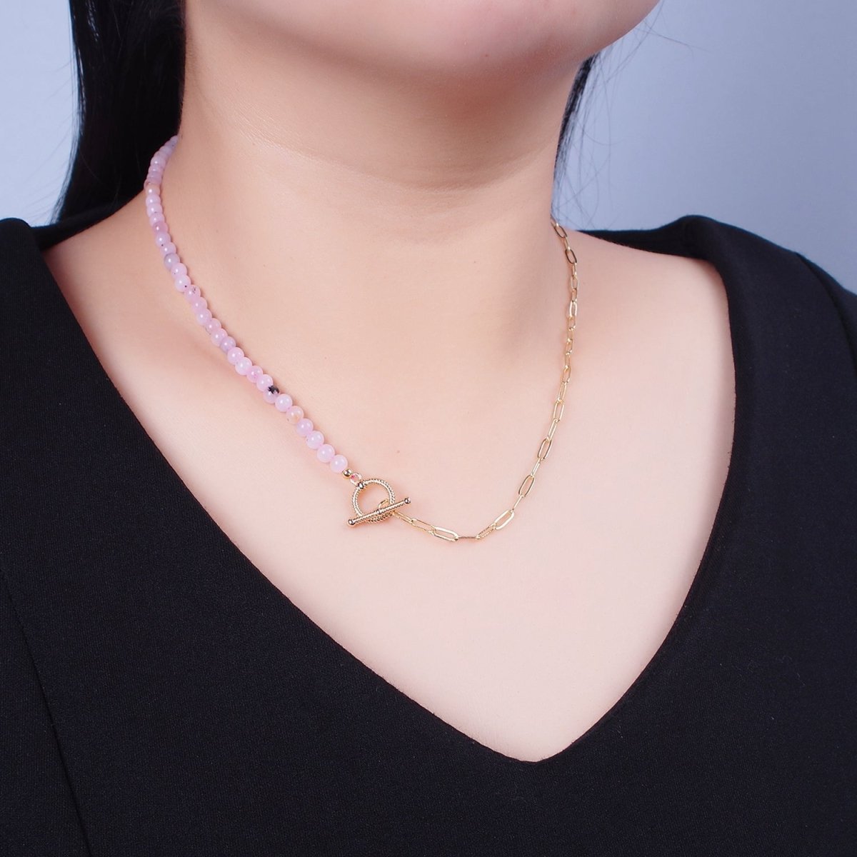 Dainty Half Bead Half Link Chain Necklace, 24k Gold Filled Paperclip Chain with Pink Jade Necklace Toggle Clasp | WA-970 Clearance Pricing - DLUXCA