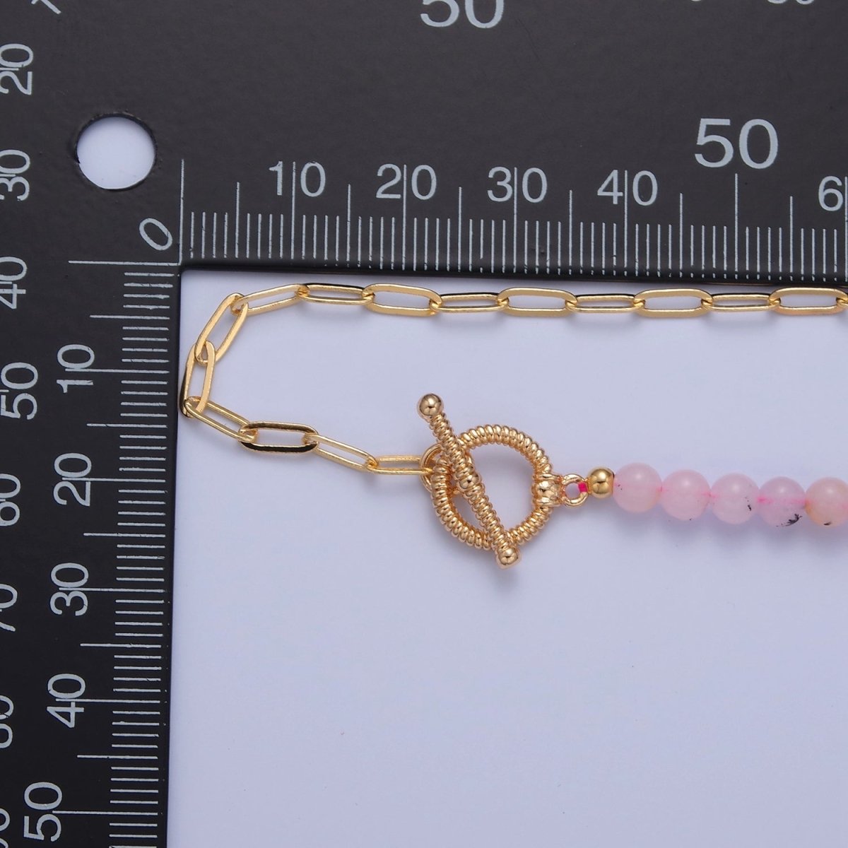 Dainty Half Bead Half Link Chain Necklace, 24k Gold Filled Paperclip Chain with Pink Jade Necklace Toggle Clasp | WA-970 Clearance Pricing - DLUXCA