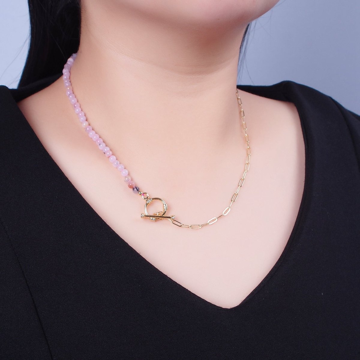 Dainty Half Bead Half Link Chain Necklace, 24k Gold Filled Paperclip Chain with Pink Jade Necklace Toggle Clasp | WA-971 Clearance Pricing - DLUXCA