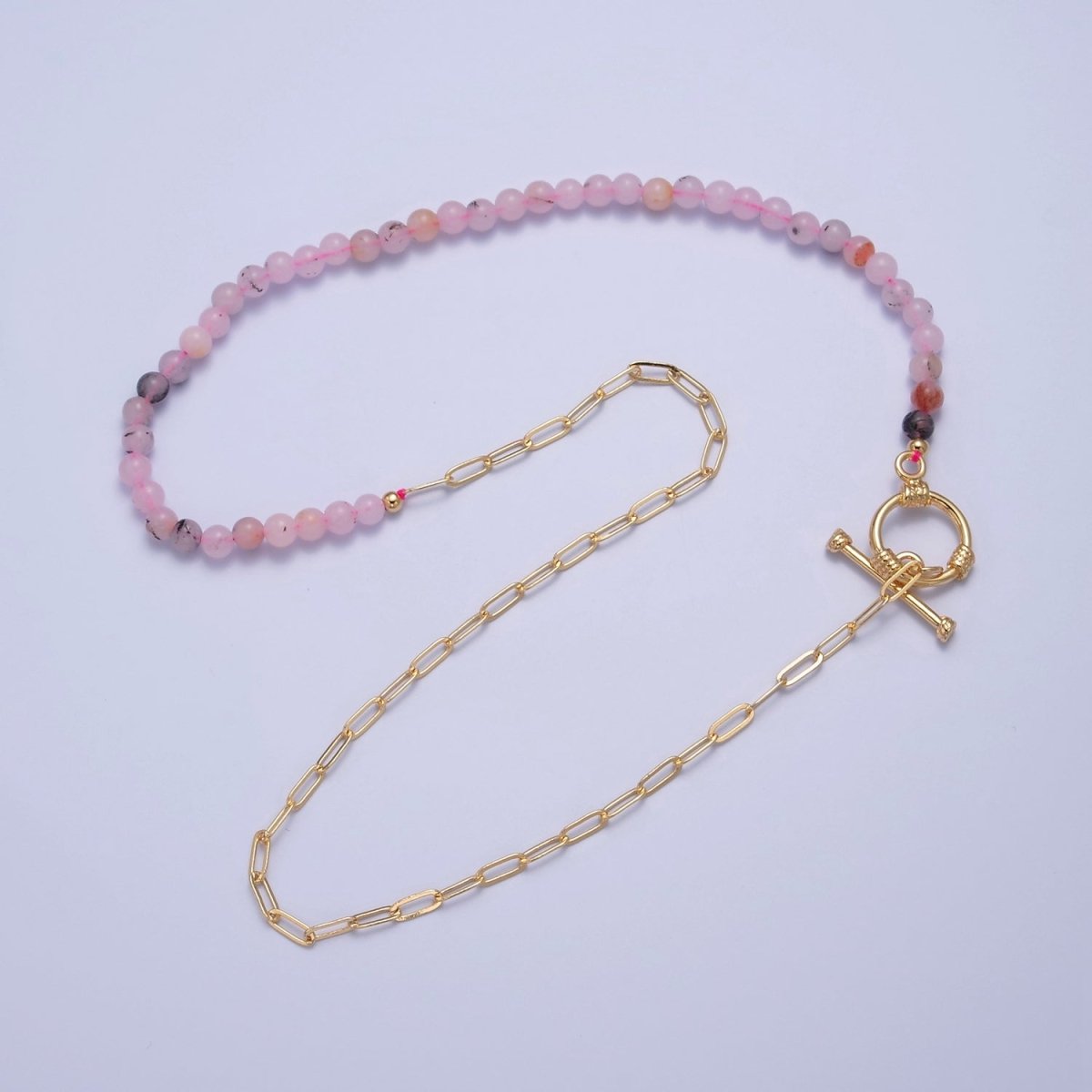Dainty Half Bead Half Link Chain Necklace, 24k Gold Filled Paperclip Chain with Pink Jade Necklace Toggle Clasp | WA-971 Clearance Pricing - DLUXCA