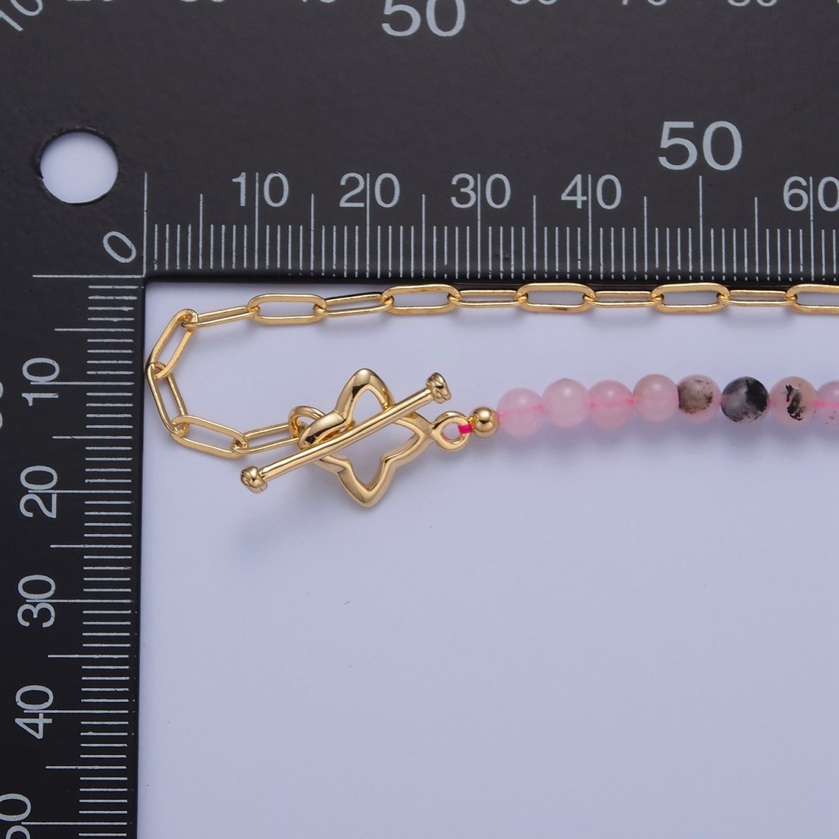 Dainty Half Bead Half Link Chain Necklace, 24k Gold Filled Paperclip Chain with Pink Jade Necklace Toggle Clasp | WA-972 Clearance Pricing - DLUXCA