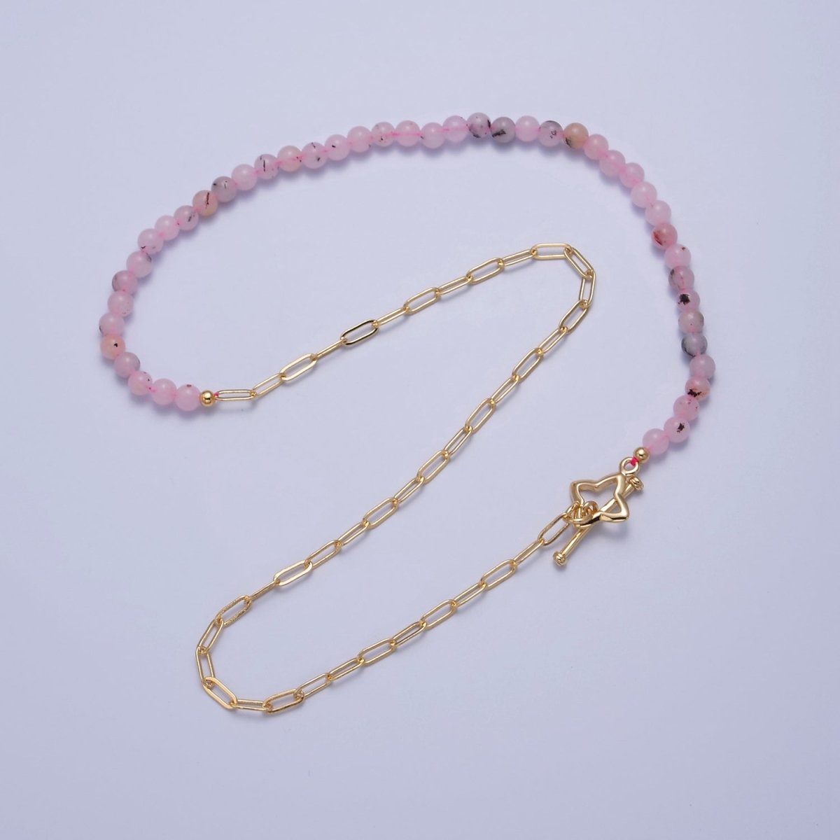 Dainty Half Bead Half Link Chain Necklace, 24k Gold Filled Paperclip Chain with Pink Jade Necklace Toggle Clasp | WA-972 Clearance Pricing - DLUXCA
