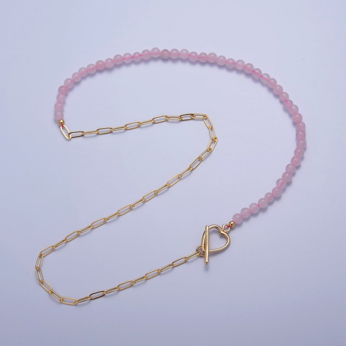 Dainty Half Bead Half Link Chain Necklace, 24k Gold Filled Paperclip Chain with Pink Quartz Necklace Heart Toggle Clasp | WA-969 Clearance Pricing - DLUXCA