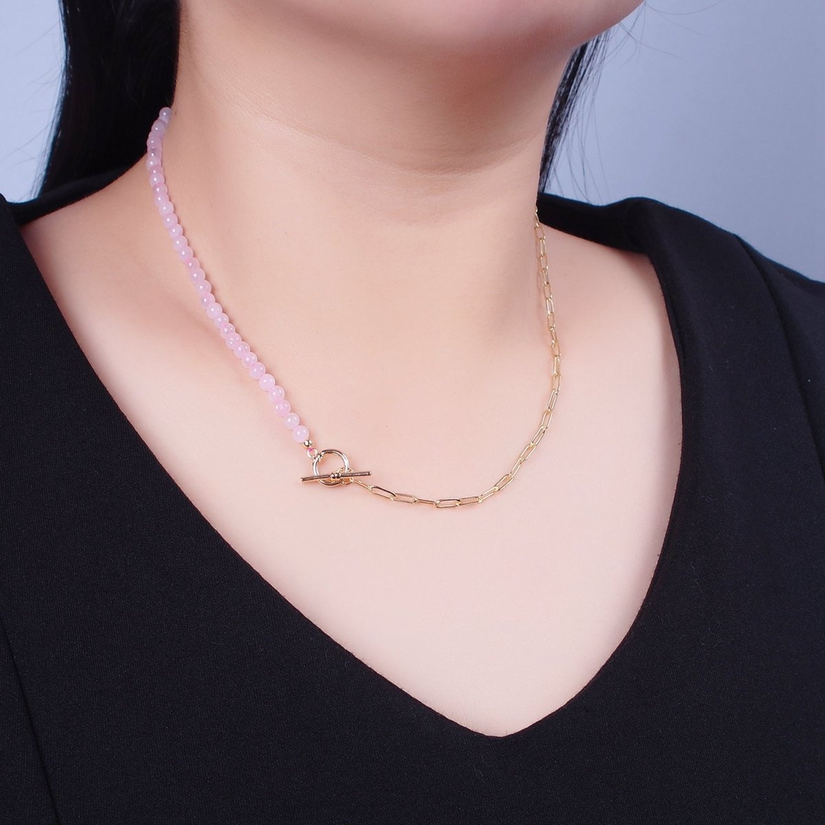 Dainty Half Bead Half Link Chain Necklace, 24k Gold Filled Paperclip Chain with Pink Quartz Necklace | WA-968 Clearance Pricing - DLUXCA