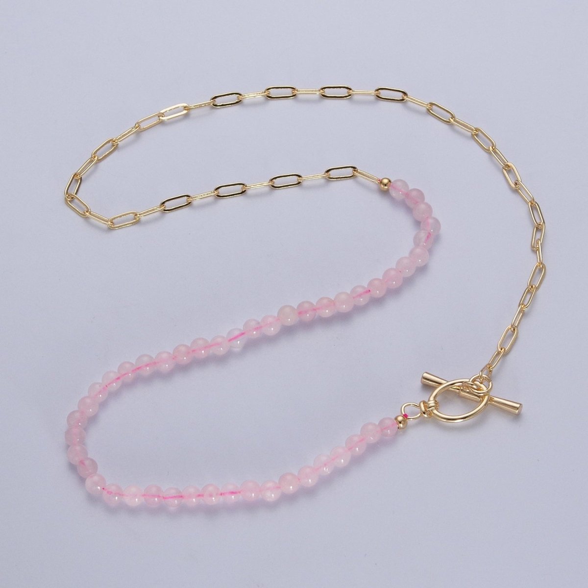 Dainty Half Bead Half Link Chain Necklace, 24k Gold Filled Paperclip Chain with Pink Quartz Necklace with Oval Toggle Clasps | WA-1019 Clearance Pricing - DLUXCA