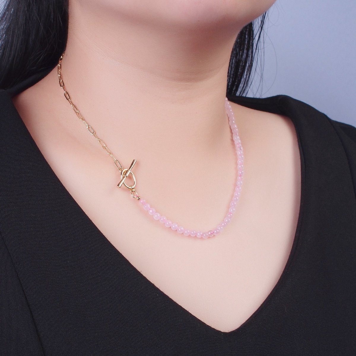 Dainty Half Bead Half Link Chain Necklace, 24k Gold Filled Paperclip Chain with Pink Quartz Necklace with Oval Toggle Clasps | WA-1019 Clearance Pricing - DLUXCA