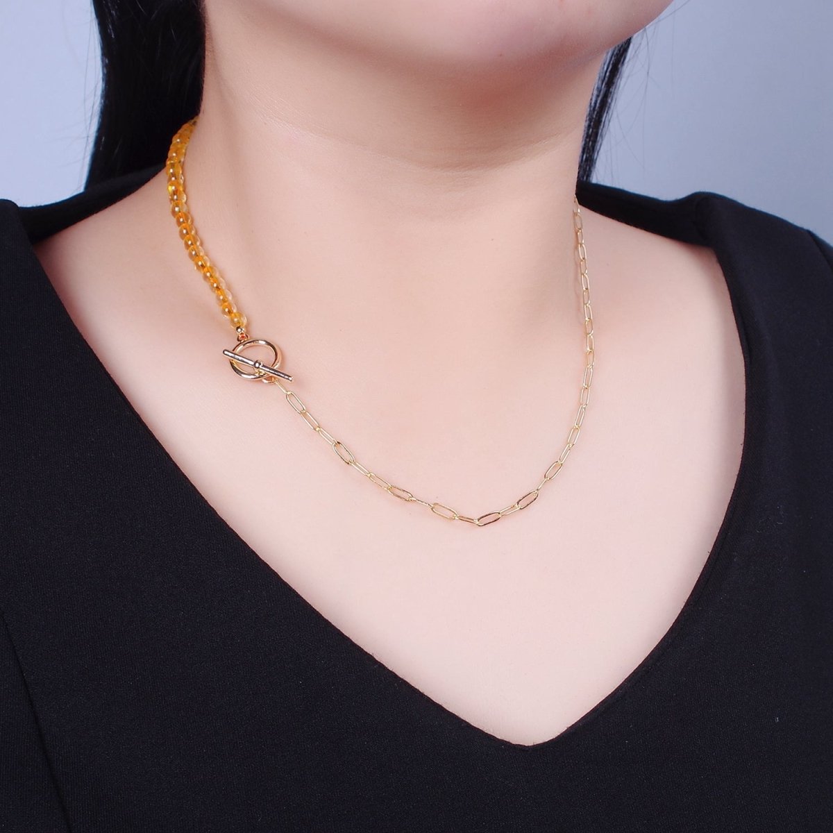 Dainty Half Bead Half Link Chain Necklace, 24k Gold Filled Paperclip Chain with Yellow Quartz Necklace | WA-963 Clearance Pricing - DLUXCA