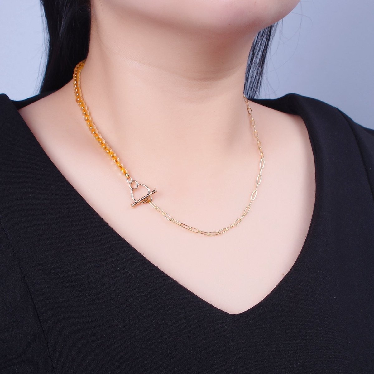 Dainty Half Bead Half Link Chain Necklace, 24k Gold Filled Paperclip Chain with Yellow Quartz Necklace | WA-964 Clearance Pricing - DLUXCA