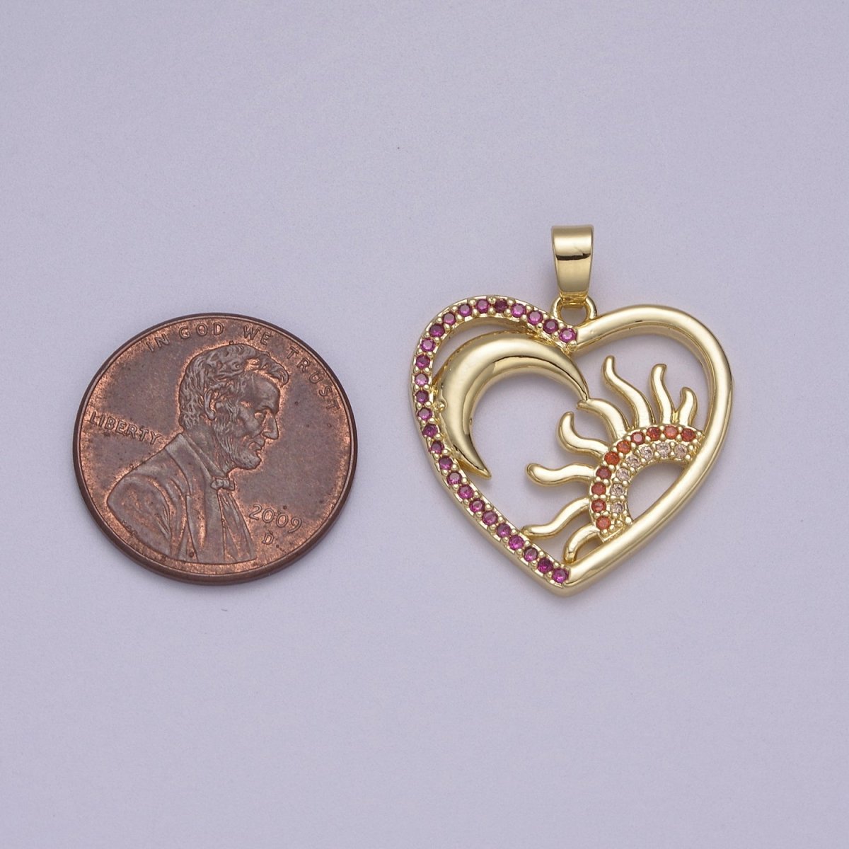 Dainty Heart Pendant with Crescent Moon Sun Ray Celestial Jewelry Charm N-594 - DLUXCA