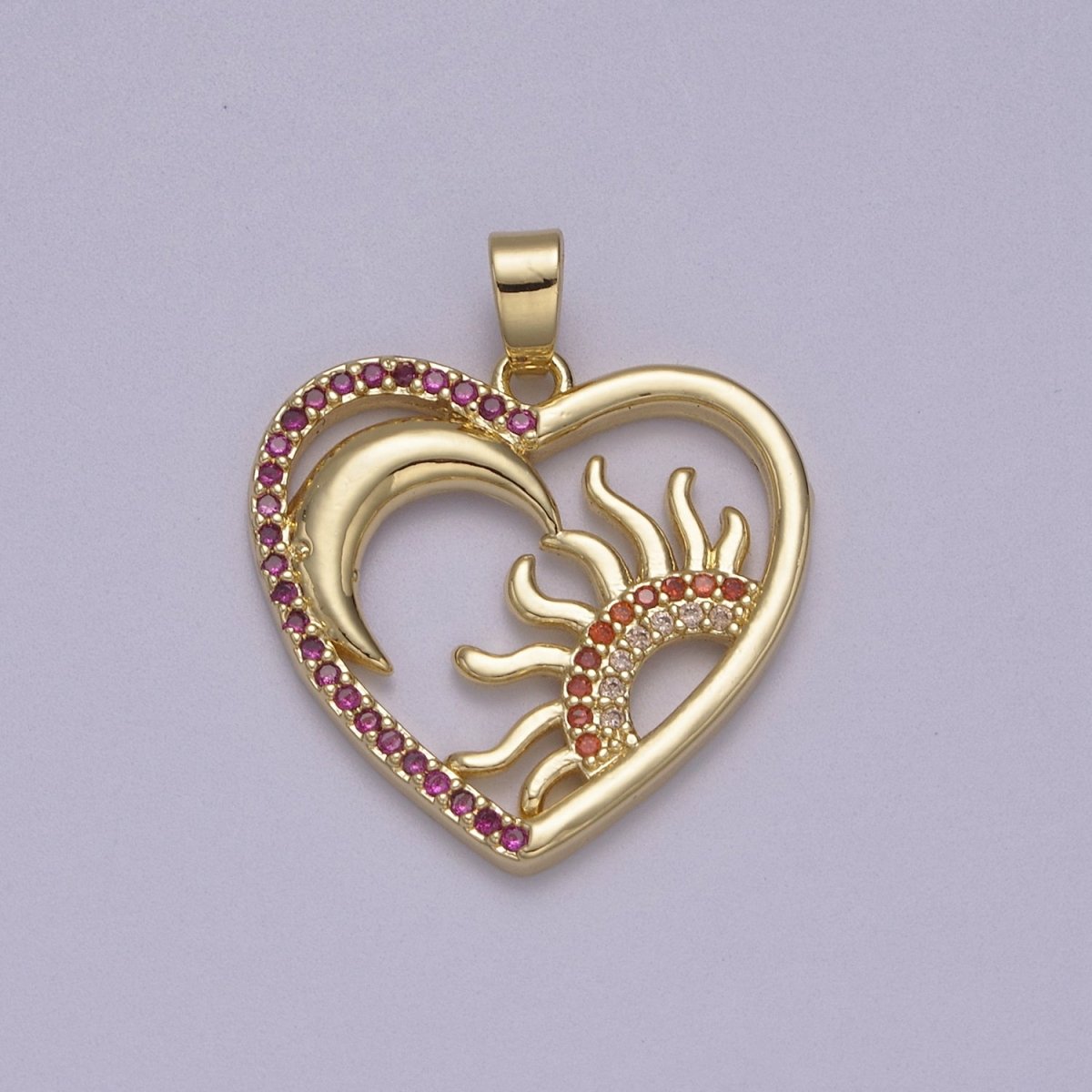 Dainty Heart Pendant with Crescent Moon Sun Ray Celestial Jewelry Charm N-594 - DLUXCA