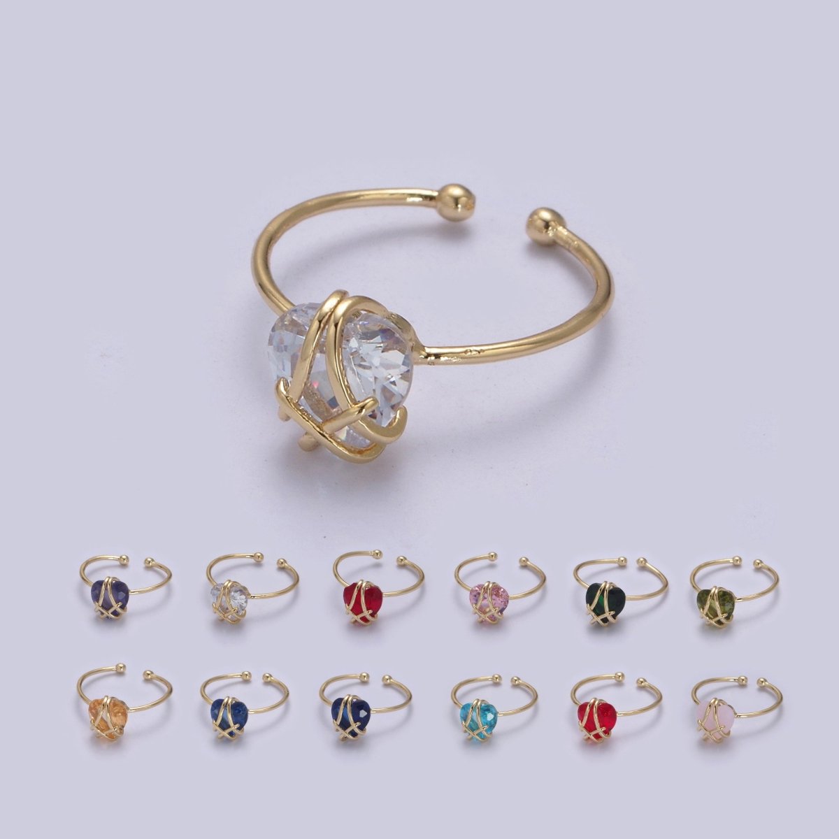 Dainty Heart Wrapped Rings Crystal Zirconia 16K Gold Filled Birthstone Ring Adjustable Stacking Ring U-352 ~ U-362 O-491 - DLUXCA