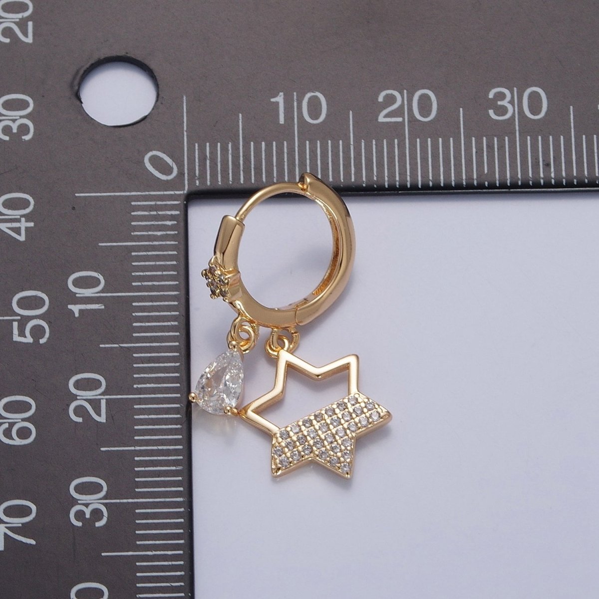 Dainty Huggie Earring with Star Charm and Tear Drop CZ Stone V-433 - DLUXCA