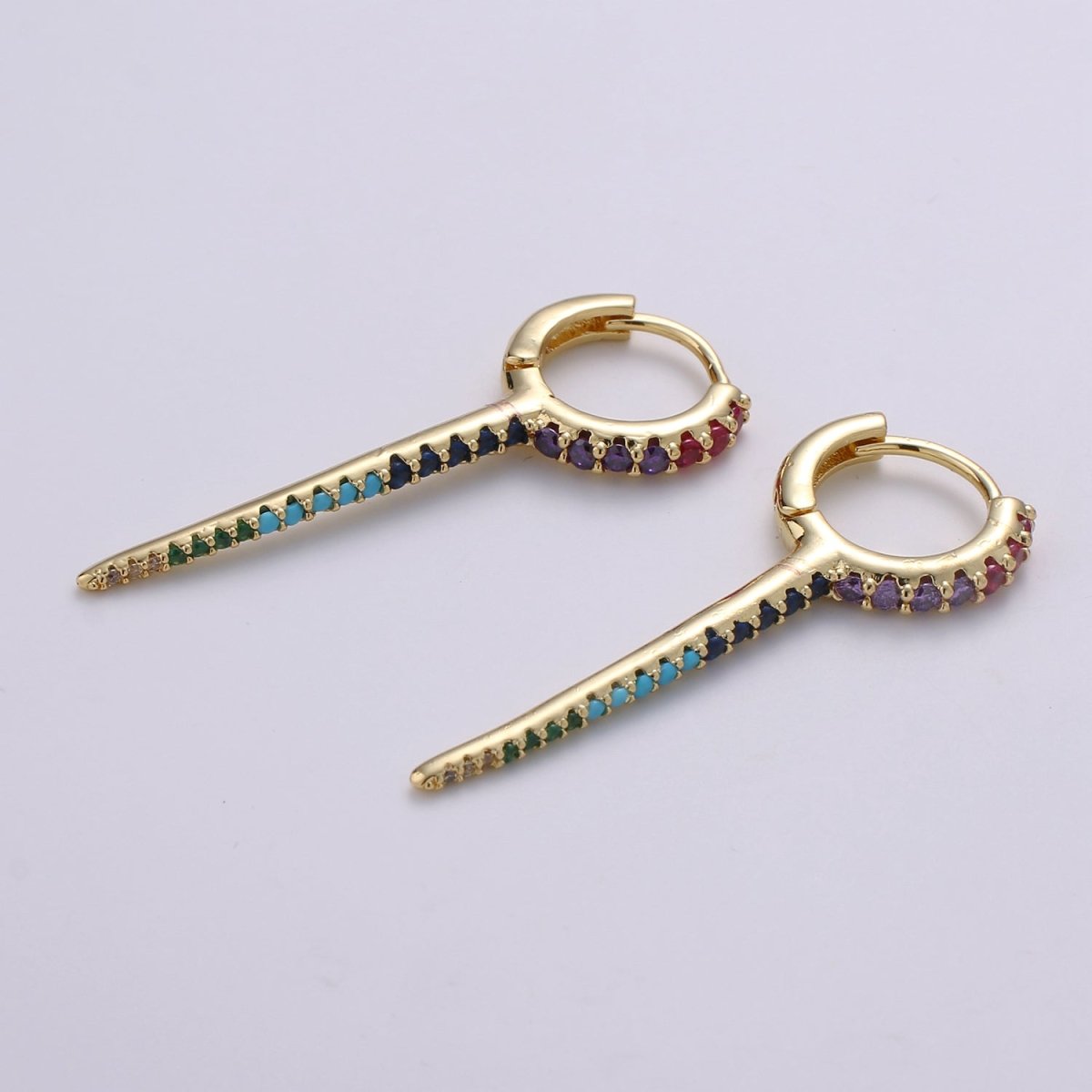 Dainty Huggie earrings, spike earrings, Multi Color hoop earrings, Long Gold Micro Pave Spike Earring Minimal Jewelry Q-165 - Q-171 - DLUXCA