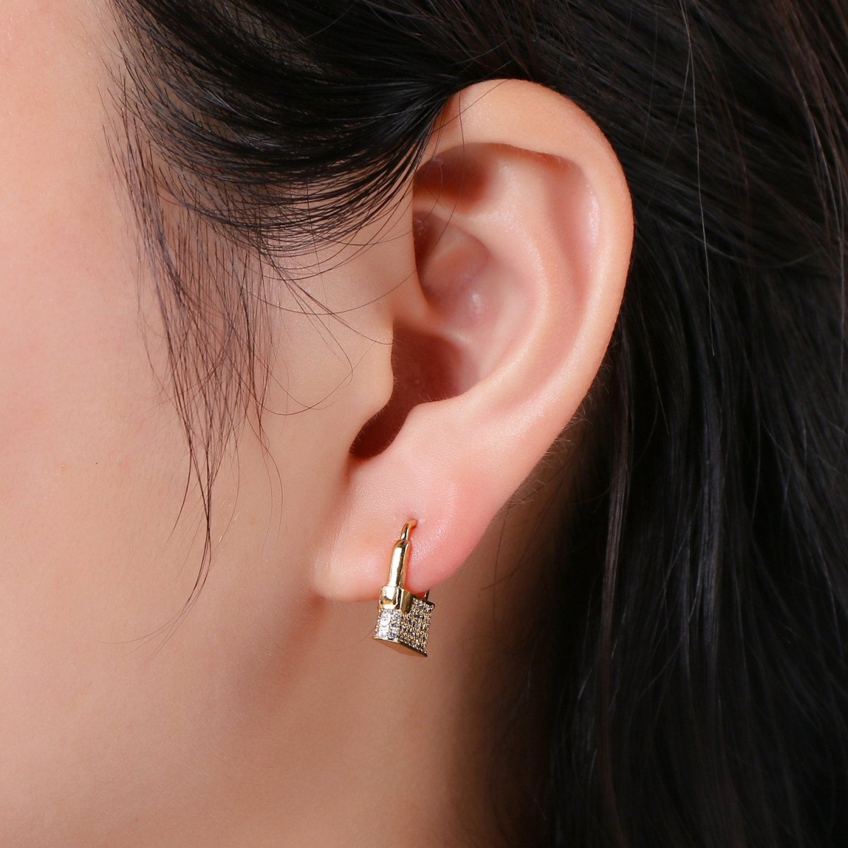 Dainty Huggie padlock Earrings, CZ Hoop Earrings, Gold Hoop PADLOCK Earrings, Micro Pave gold lock earrings, Love Lock Jewelry K-593 - DLUXCA
